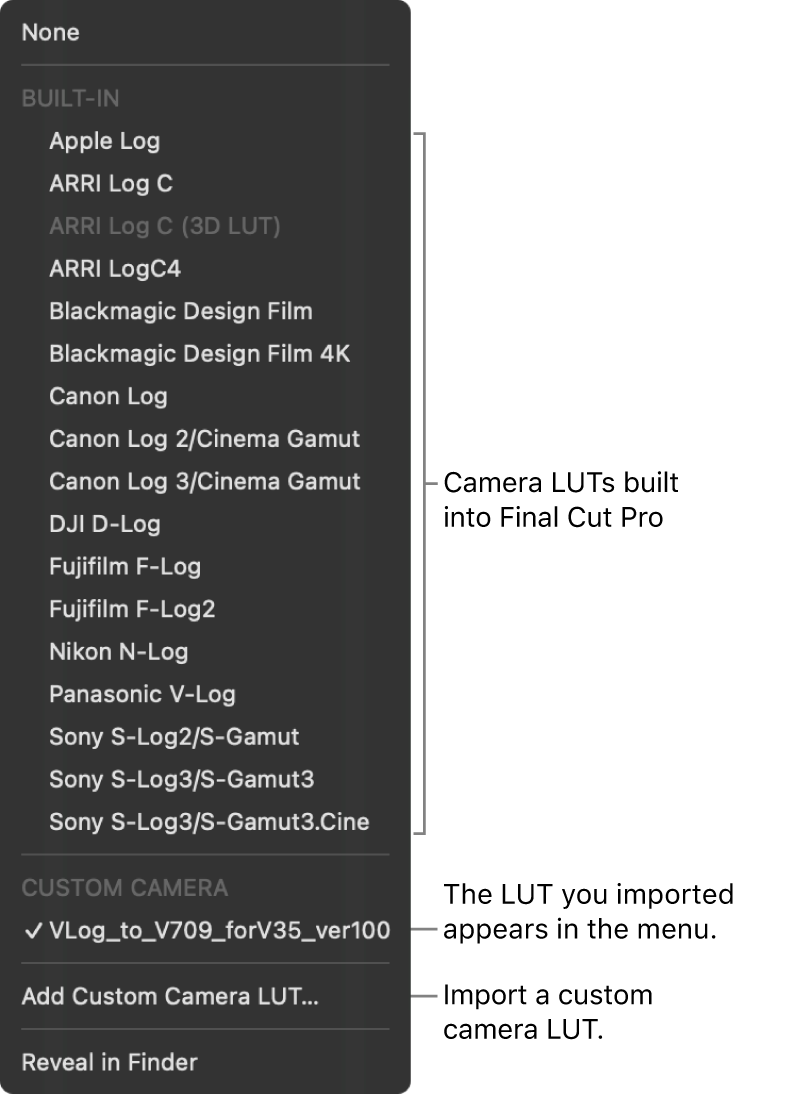 「カメラのLUT」ポップアップメニュー