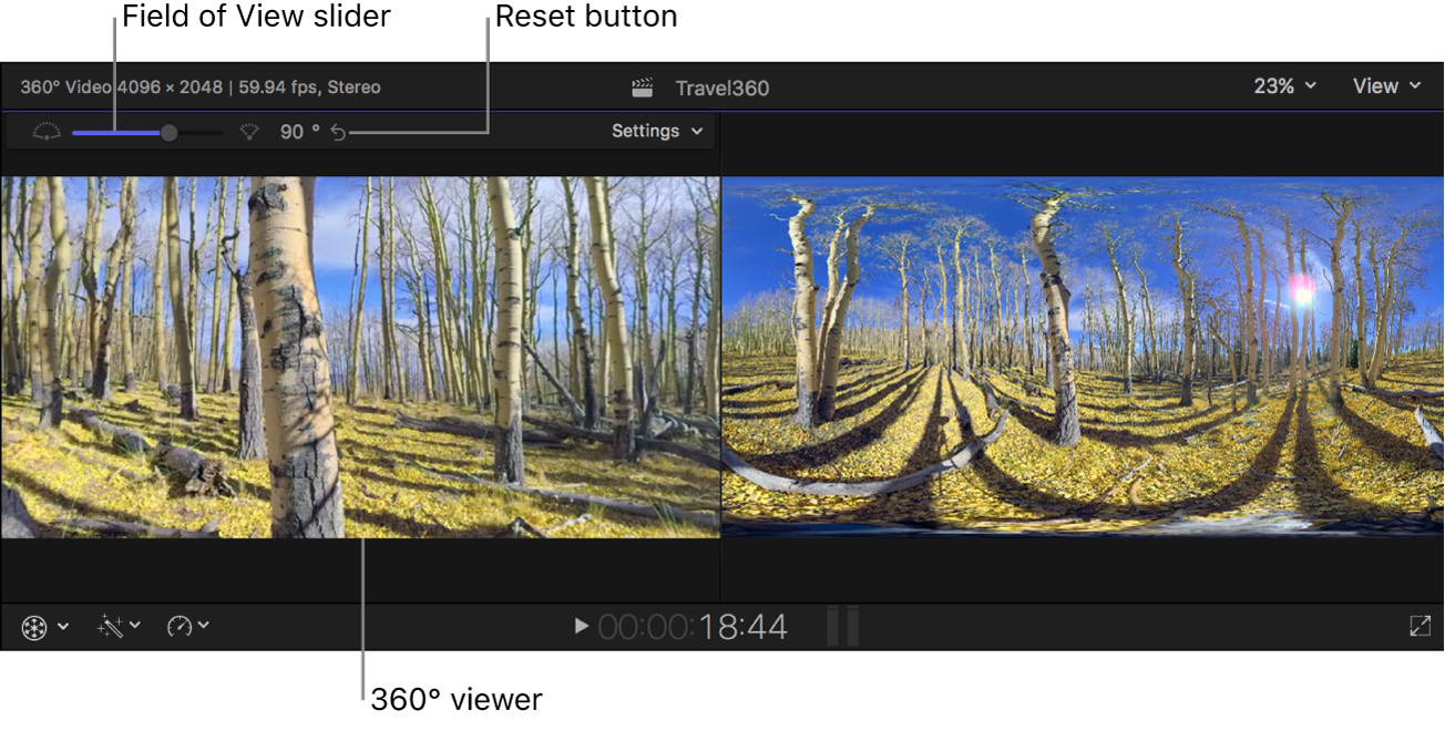 360° 뷰어 위의 시야각 슬라이더, 재설정 버튼, 설정 팝업 메뉴