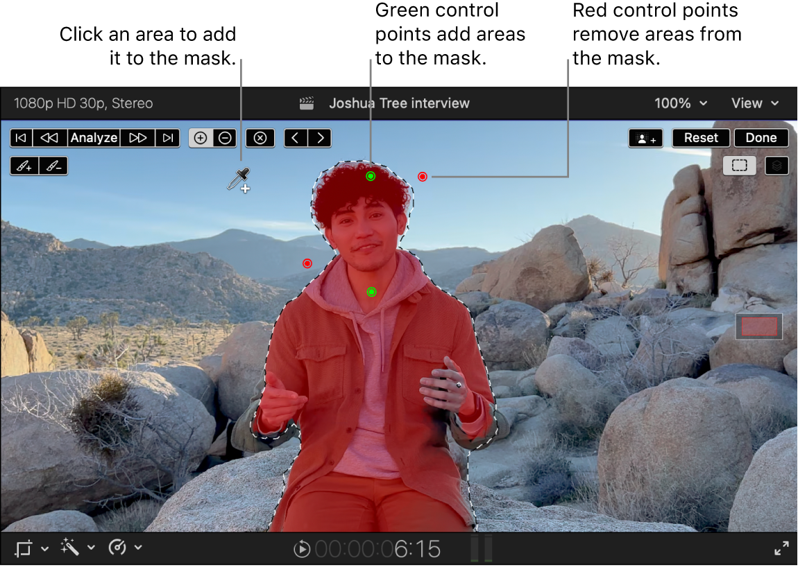 显示磁性蒙版应用到前景人物的检视器。“添加”滴管活跃中，绿色和红色控制点指示在蒙版中添加或移除的区域。
