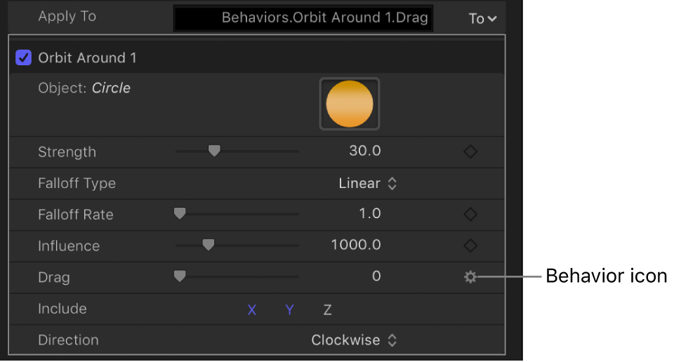 Verhaltenssymbol über der Keyframe-Taste des beeinflussten Parameters