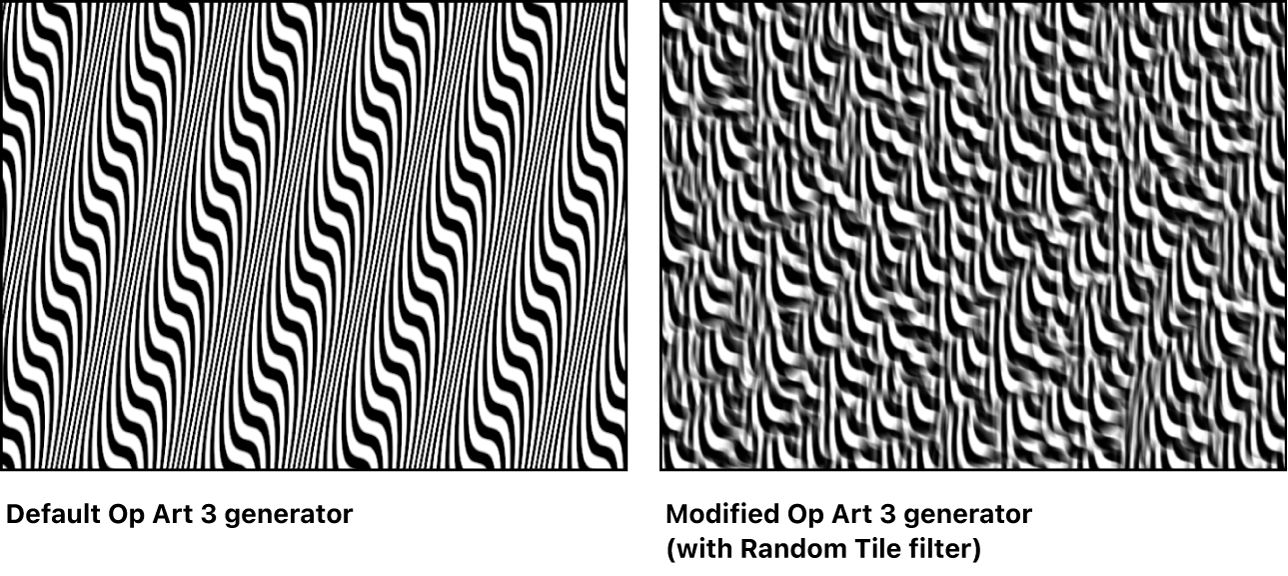 Canvas mit dem Generator „Op-Art 3“ ohne und mit angewendetem Filter „Zufällige Kacheln“