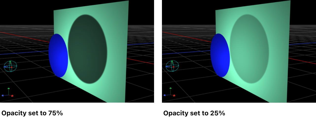 Canvas showing object with shadow opacity set to 75% and set to 25%