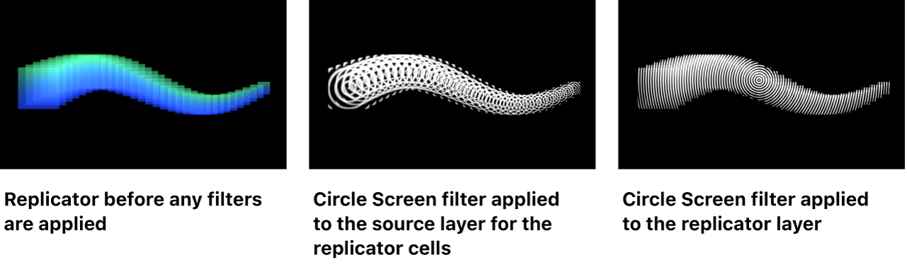 Canvas comparing replicators with filter applied to the source cell layer versus the replicator later