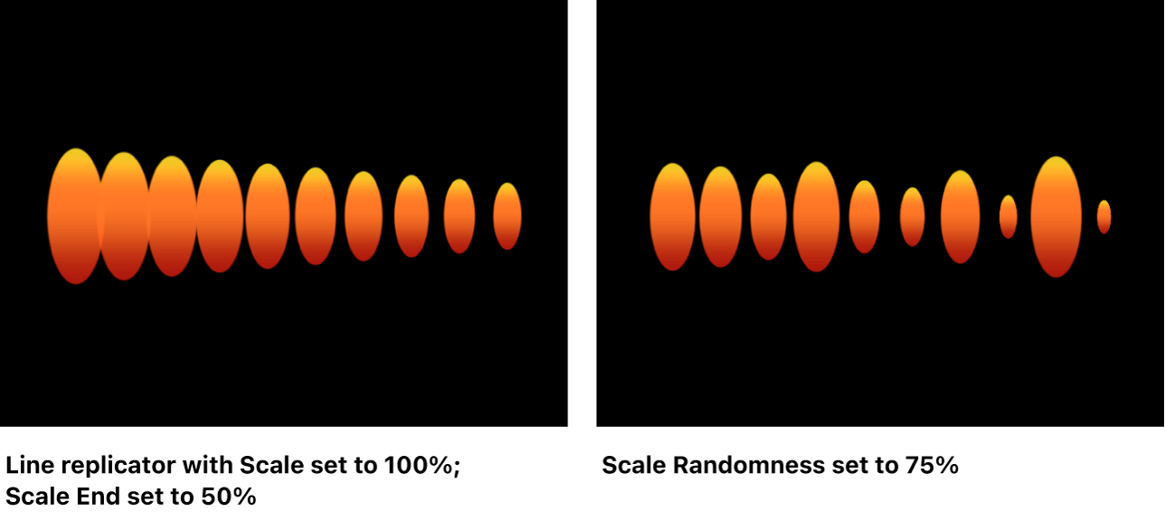 Canvas showing replicator with different Scale and Scale End values, and with Scale Randomness set to 75