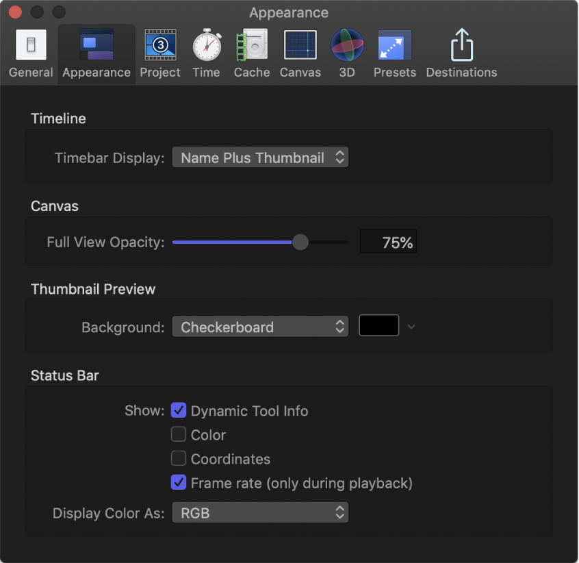 Motion Settings window showing Appearance pane