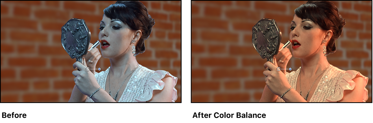 Green screen composite, before and after color correction to foreground image