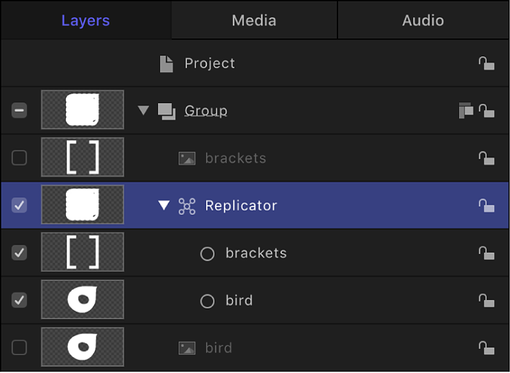 Layers list showing replicator, the two cells within it, and the two disabled layers