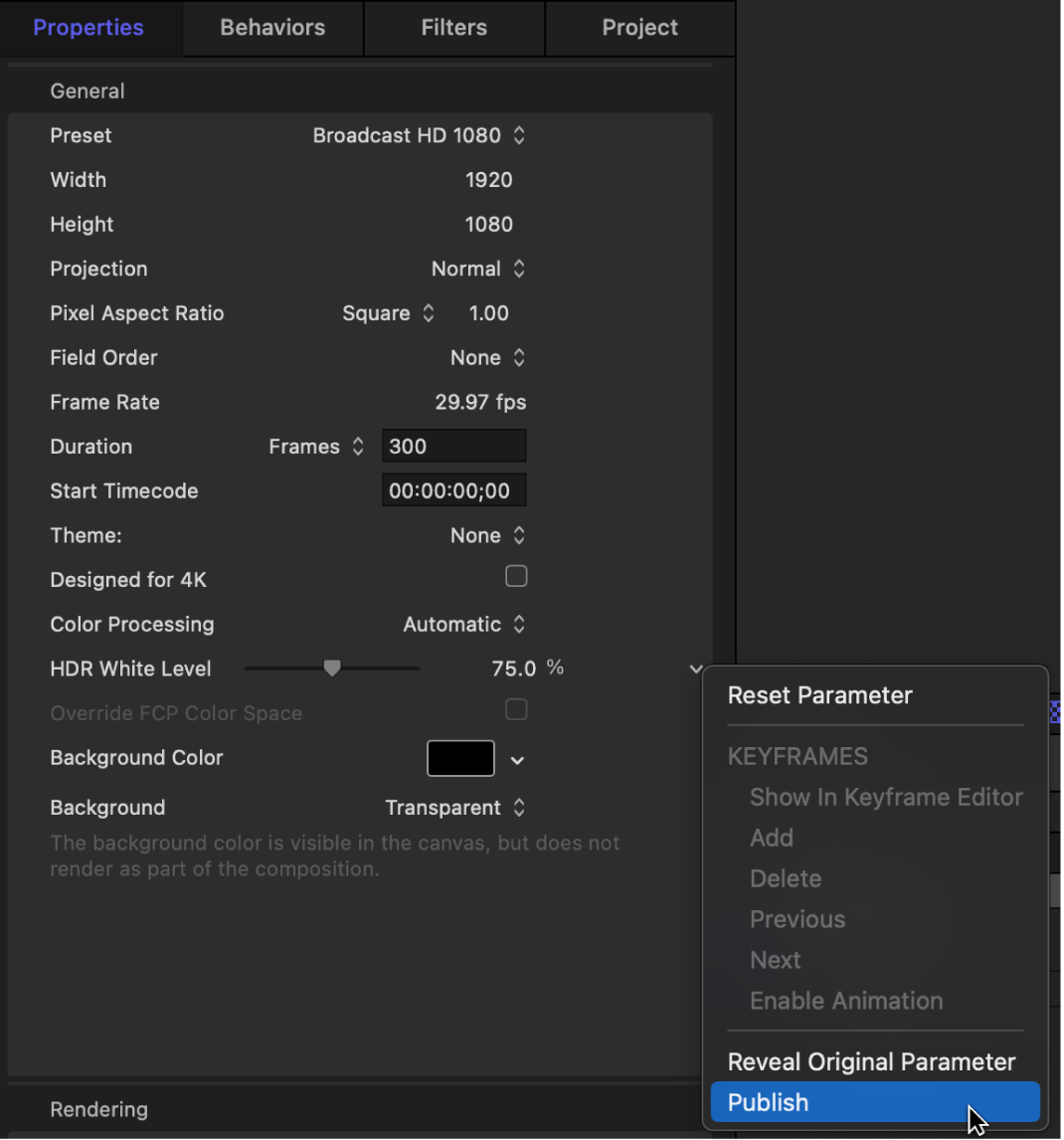 Project Properties Inspector showing publishing of the HDR White Level slider