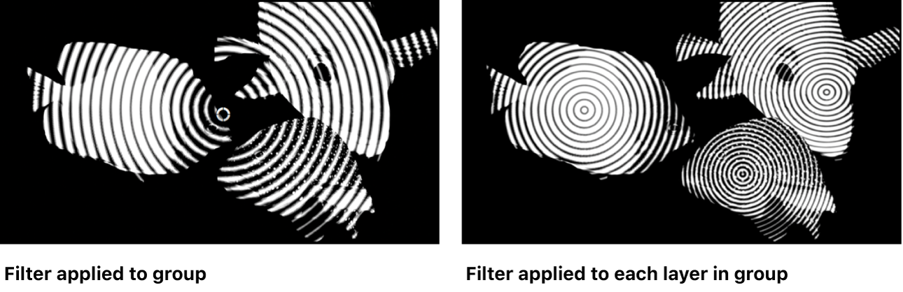 Canvas showing relative effect of a filter applied once to a group or multiple times to each object within the group