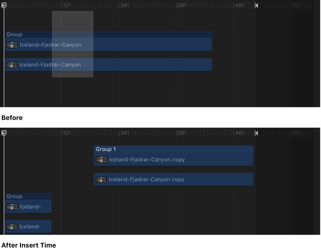 Timeline showing blank space being inserted into a sequence