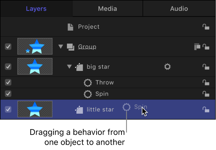 Layers list showing a behavior being dragged from one object to another