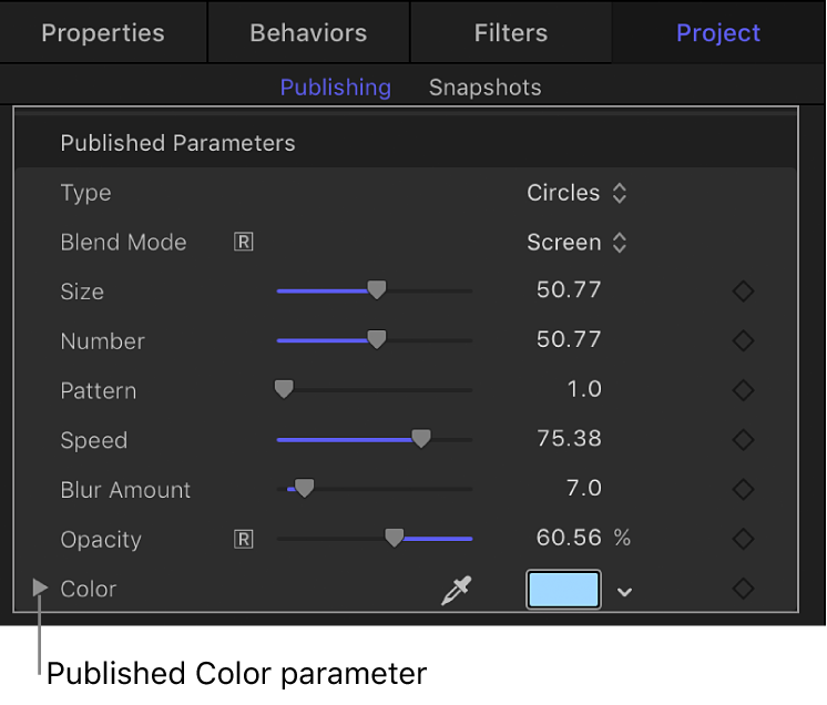 Color parameter in Publishing pane of Project Inspector