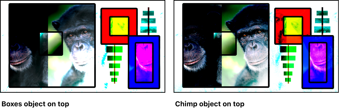 Canvas showing the boxes and the monkey blended using the Vivid Light mode