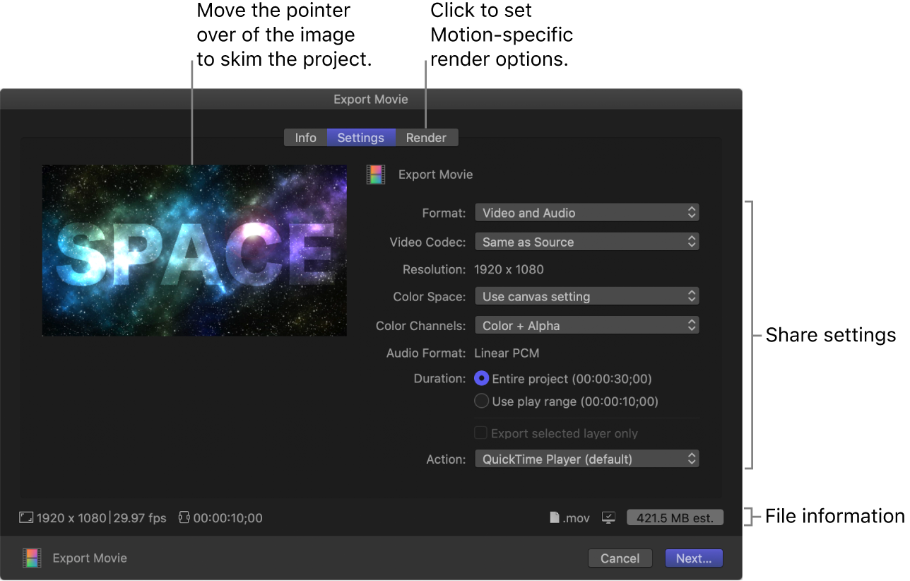 Settings pane of Export Movie window