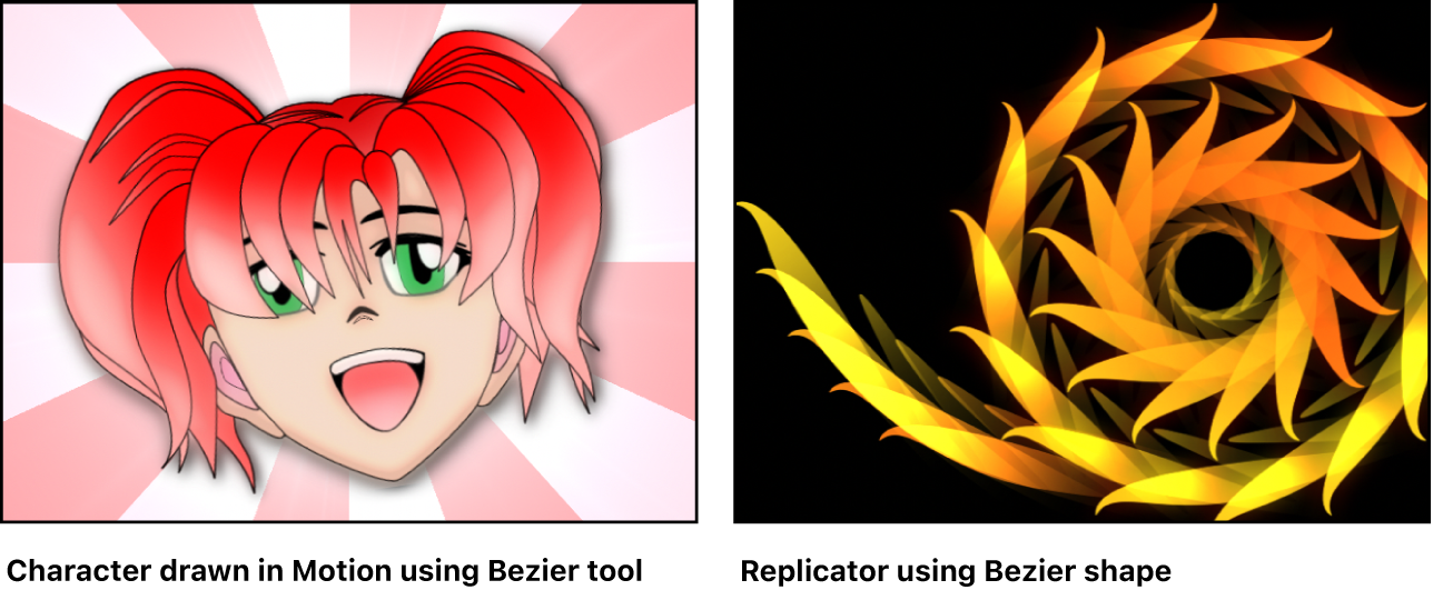 Ejemplos: carácter dibujado con la herramienta Bézier; Replicador creado con la figura Bézier