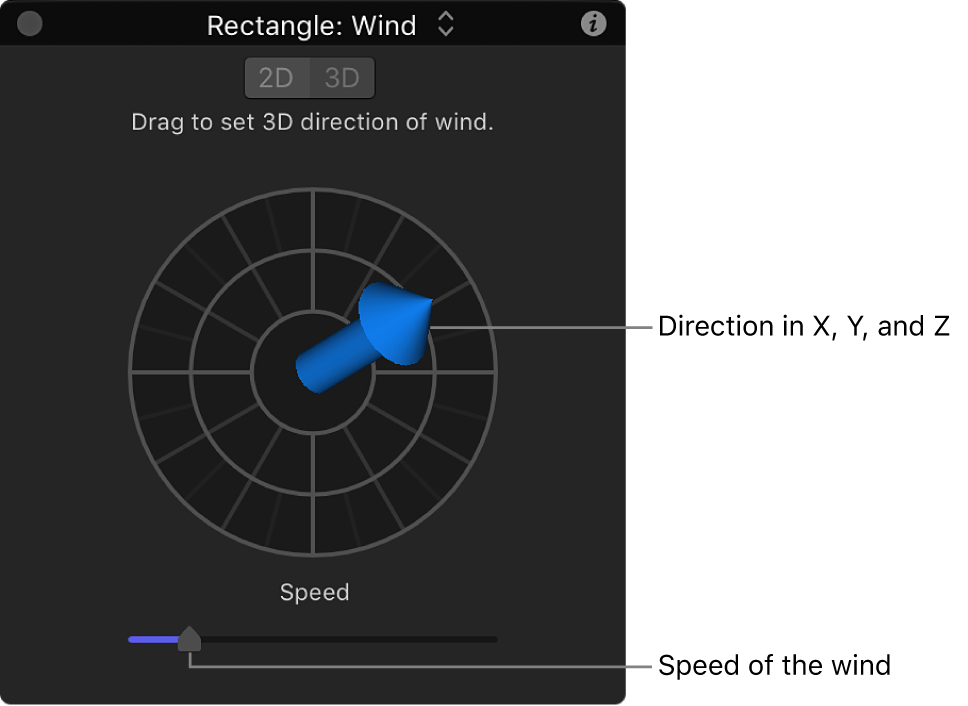 Pantalla semitransparente con controles especiales para el comportamiento Viento en modo 3D