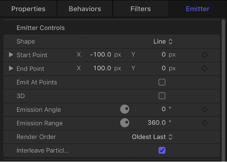 Inspector y controles que se corresponden con el control de emisiones gráficas de la pantalla semitransparente