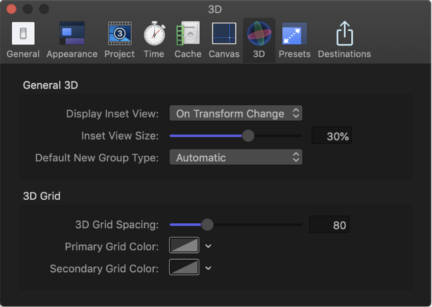 La ventana Ajustes de Motion con el panel 3D