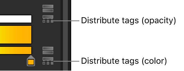 Editor de gradación con iconos de distribución de etiquetas correspondientes a opacidad y color