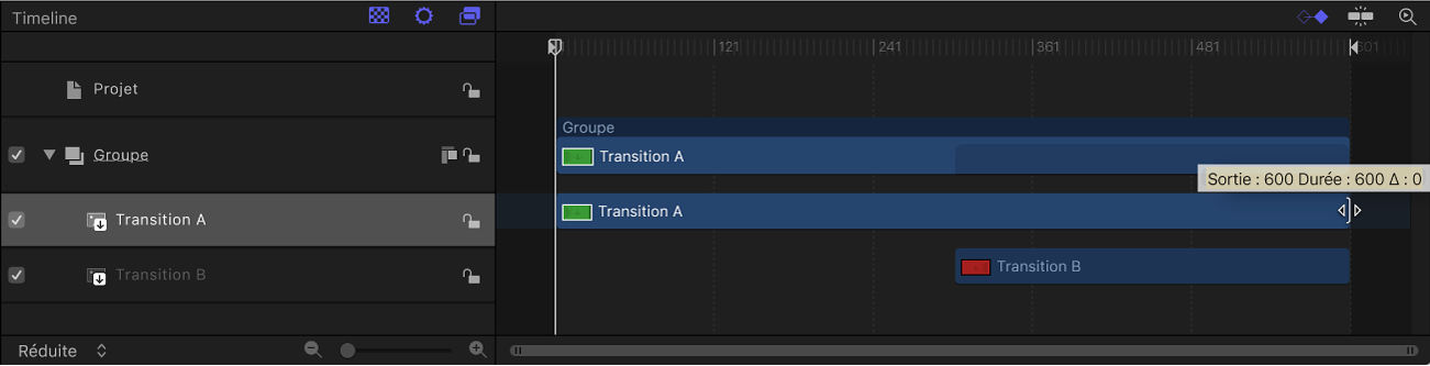 Glissement de la barre de temps de Transition A dans la timeline