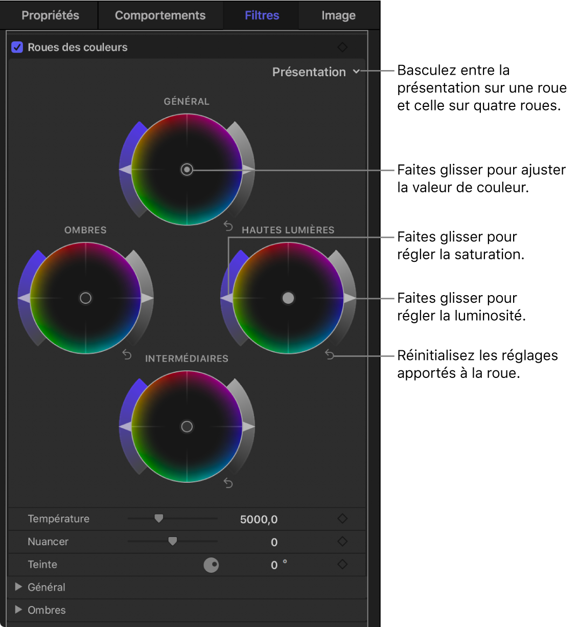 Commandes des roues des couleurs dans l’inspecteur de filtres