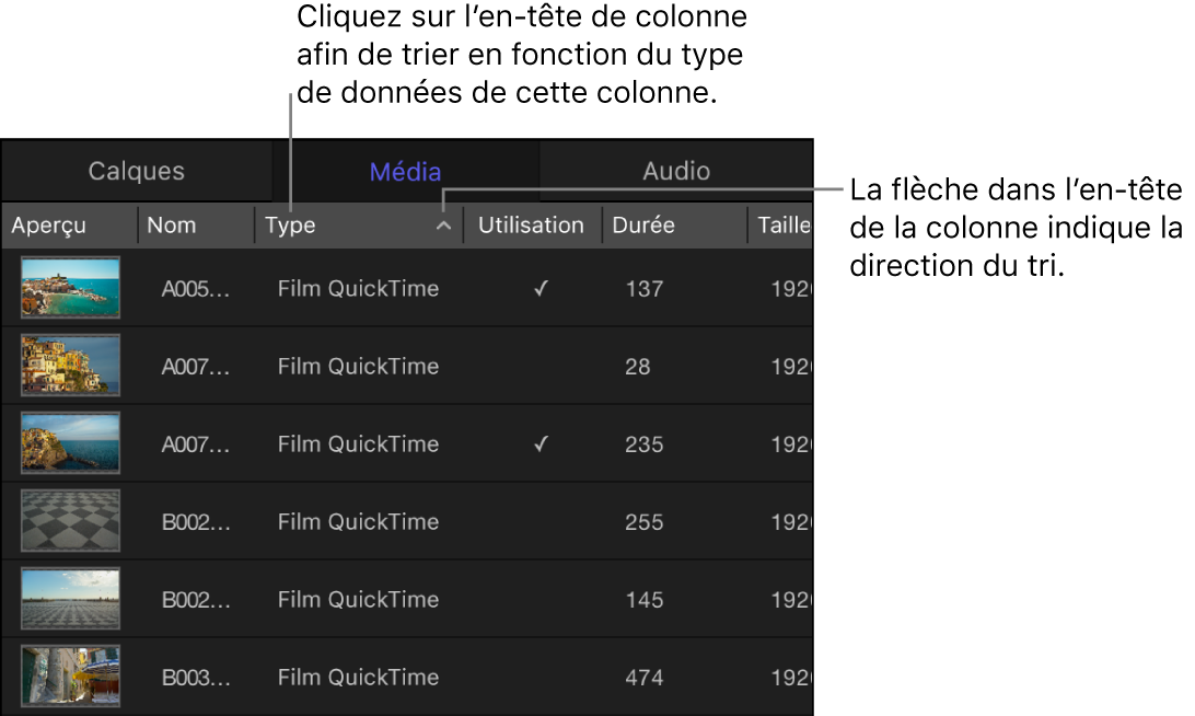 En-tête de colonne dans l’onglet Média