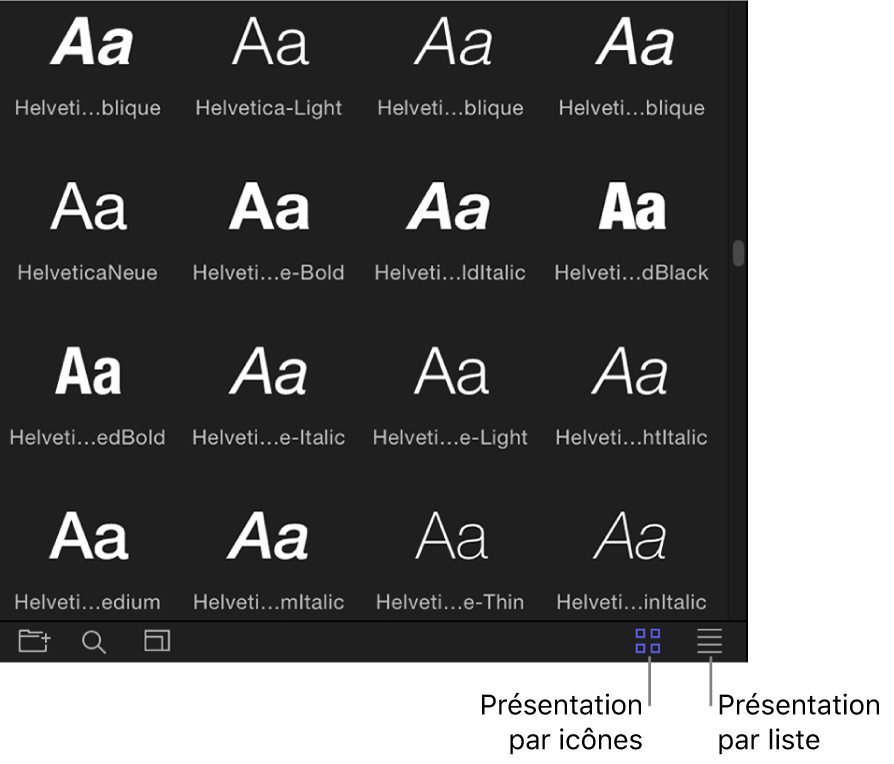 Boutons Présentation par icônes et Présentation en liste dans la bibliothèque