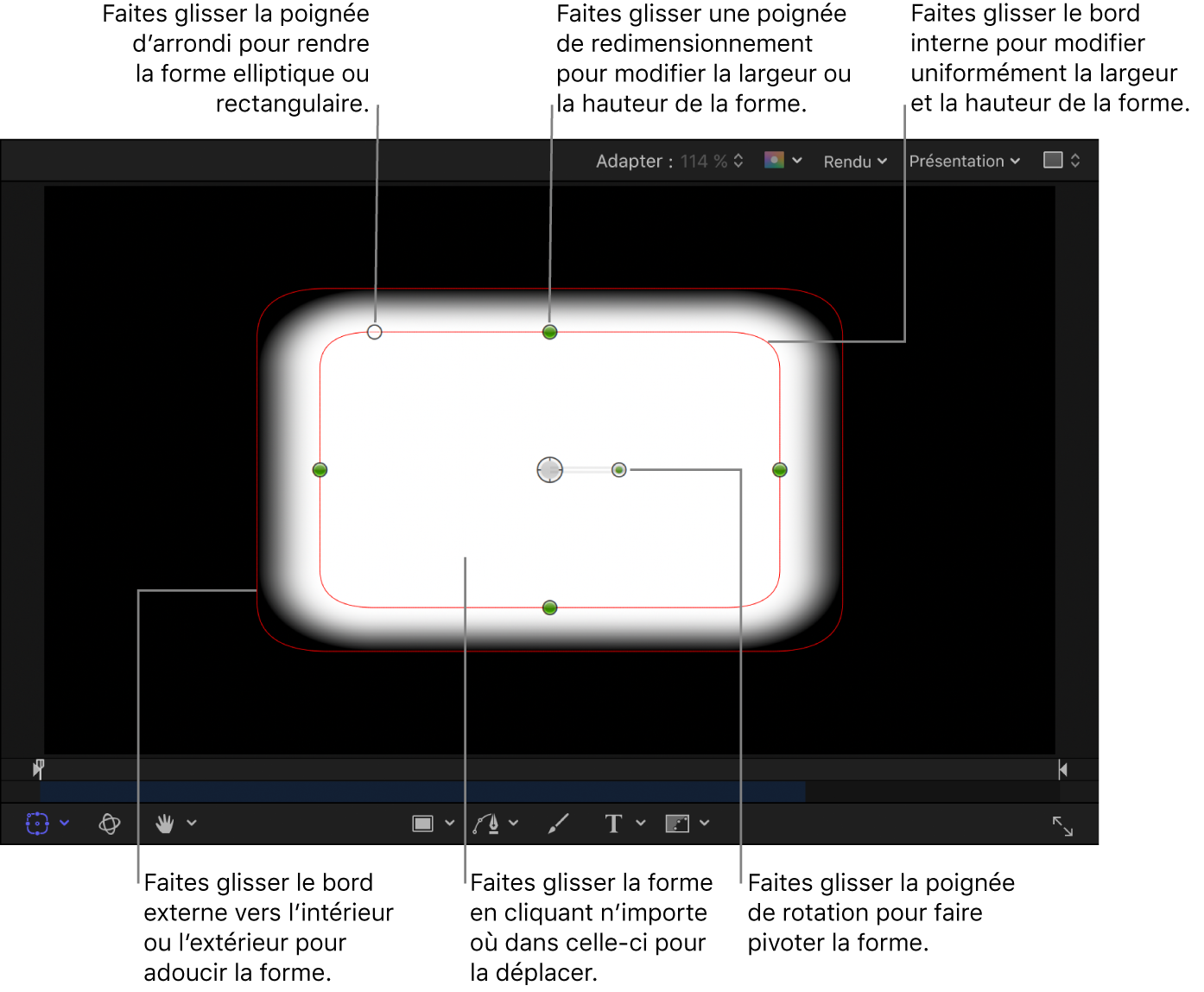 Commandes à l’écran permettant de régler la taille, le contour progressif, la rondeur et la rotation d’une forme simple