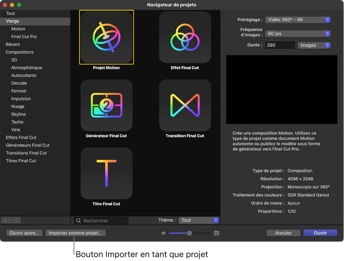 Bouton « Importer en tant que projet » dans le navigateur de projets