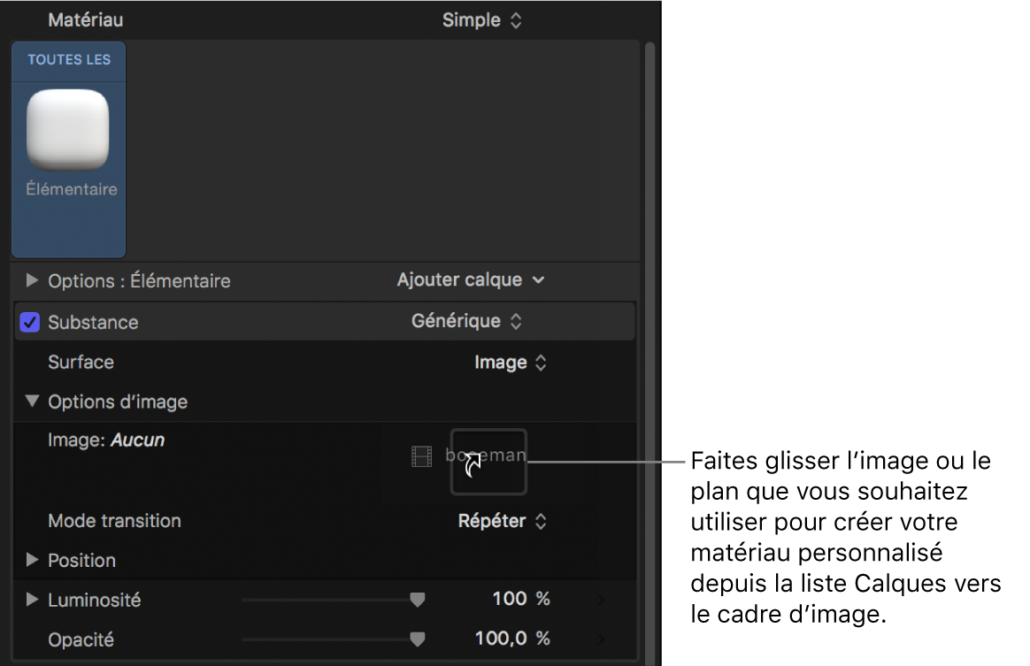 Déplacement par glisser-déposer d’une image personnalisée dans le cadre d’image des commandes Options d’image de la fenêtre Apparence de l’inspecteur de texte