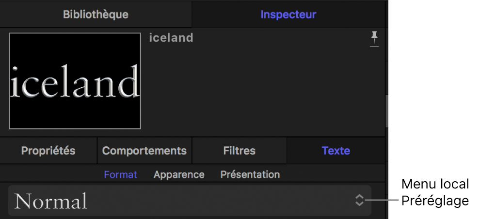 Menu local des préréglages de style de texte de la fenêtre Format de l’inspecteur de texte