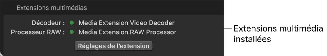 Inspecteur multimédia affichant les extensions de contenu multimédia Décodeur et Processeur RAW installées