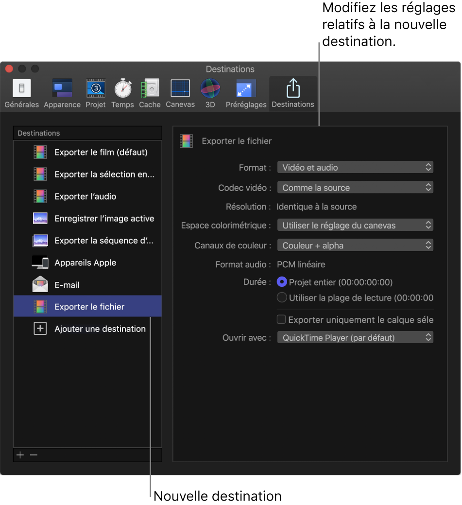 Fenêtre Réglages de Motion affichant la sous-fenêtre Destinations avec la destination « Exporter le fichier » sélectionnée dans la liste Destinations de gauche et les réglages correspondants affichés à droite