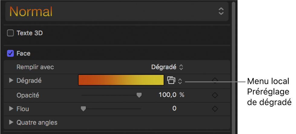 Menu local des dégradés prédéfinis qui s’affiche lorsque le menu local « Remplir avec » est réglé sur Dégradé