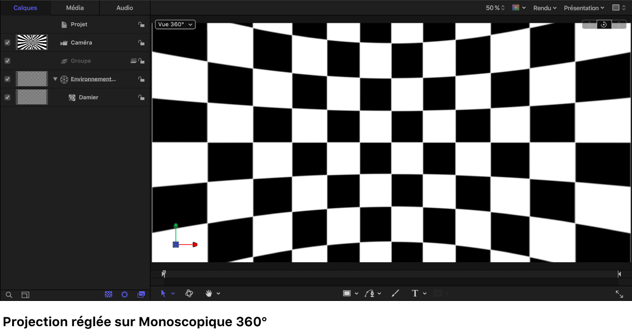 Canevas avec un générateur Damier affiché dans la projection monoscopique 360°