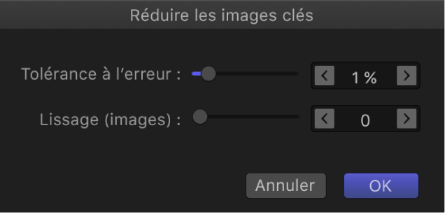 Zone de dialogue « Réduire les images clés »