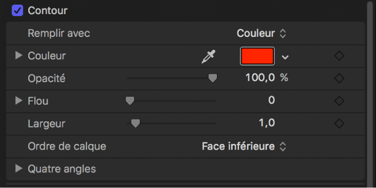 Commandes Contour dans la fenêtre Apparence de l’inspecteur de texte