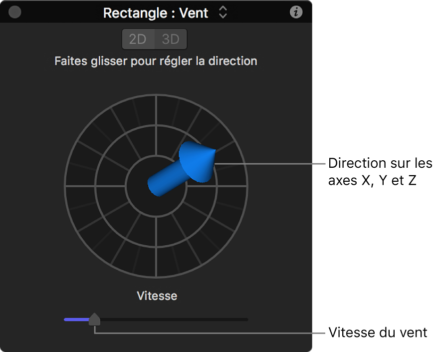 Palette avec commandes spéciales pour le comportement Vent en mode 3D