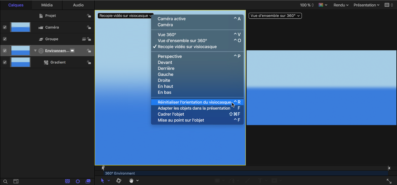 Sélection de « Réinitialiser l’orientation du visiocasque » dans le menu Caméra du canevas