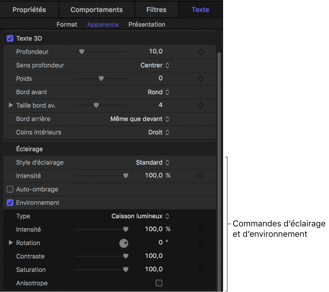 Commandes Éclairage dans la fenêtre Apparence de l’inspecteur de texte