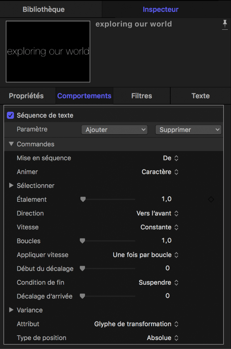 Inspecteur affichant les réglages du comportement Séquence de texte