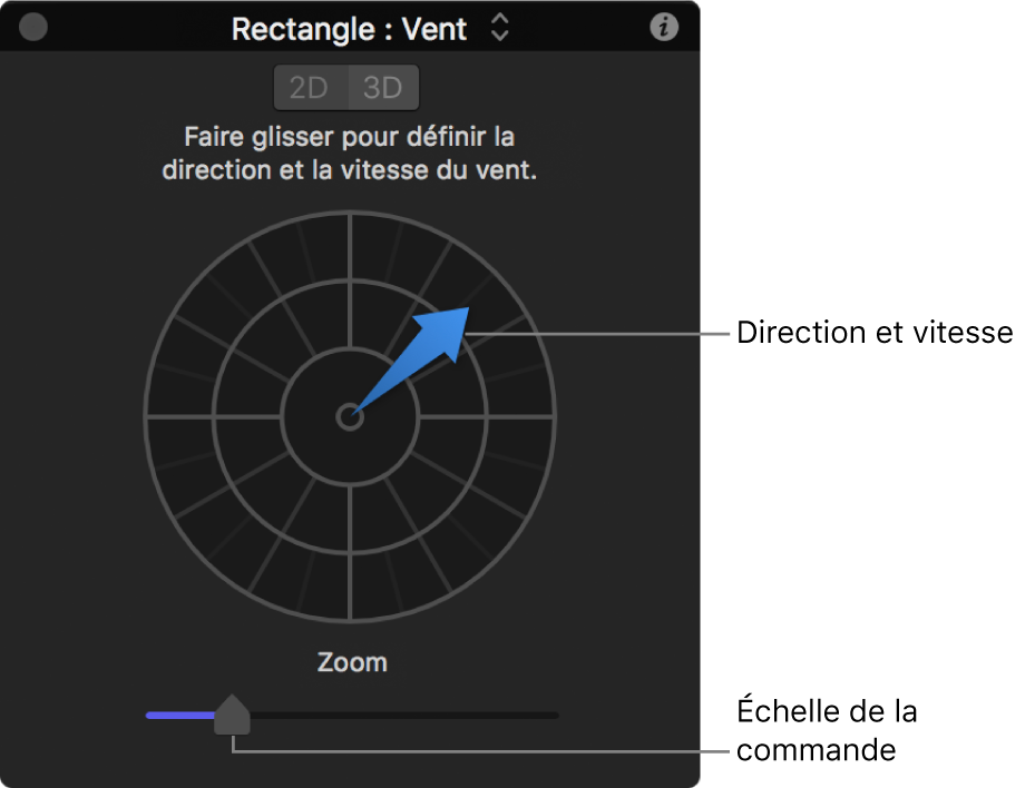 Palette avec commandes spéciales pour le comportement Vent en mode 2D