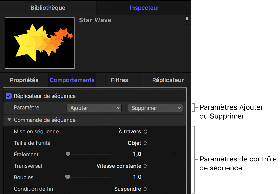 Inspecteur affichant les paramètres du comportement Réplicateur de séquence