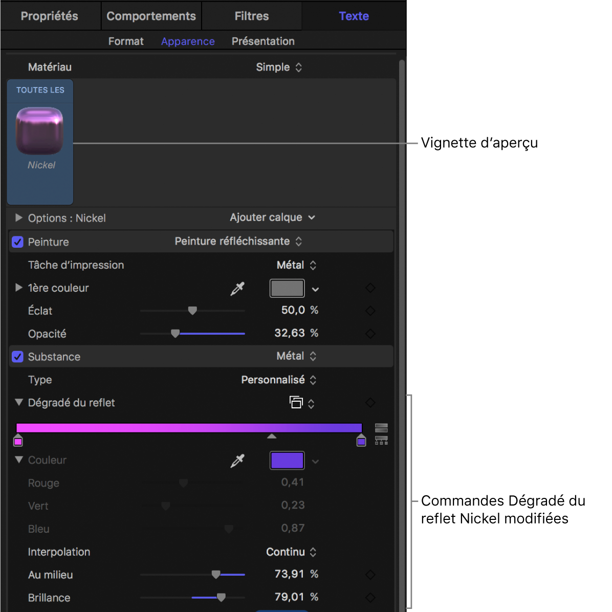 Commandes Dégradé du reflet Nickel modifiées et vignette d’aperçu actualisée dans la fenêtre Apparence de l’inspecteur de texte