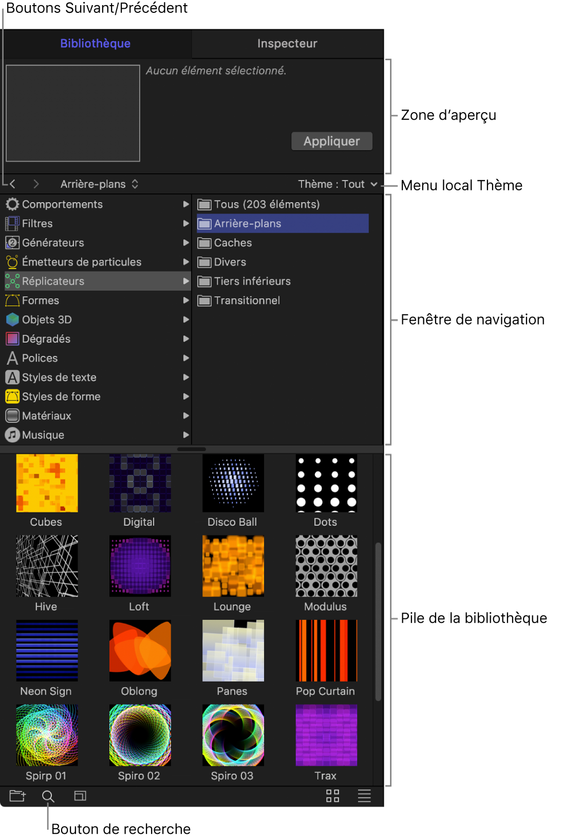 Zones de la bibliothèque : Zone d’aperçu, boutons suivant et précédent, menu local Thème, fenêtre de navigation, pile de la bibliothèque et bouton de recherche