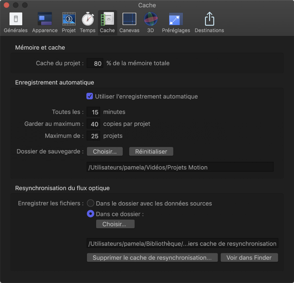 Fenêtre Réglages de Motion montrant la fenêtre Cache