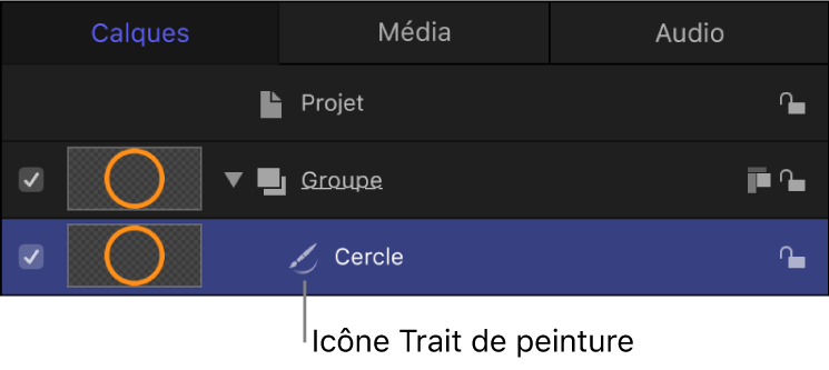 Liste Calques affichant une forme circulaire avec une icône évoquant un trait de peinture