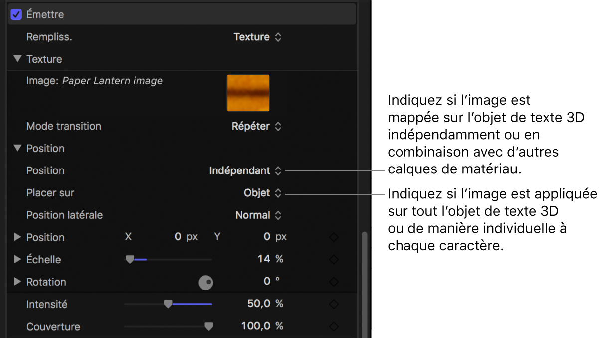 Commandes Position et « Placer sur » dans la fenêtre Apparence de l’inspecteur de texte