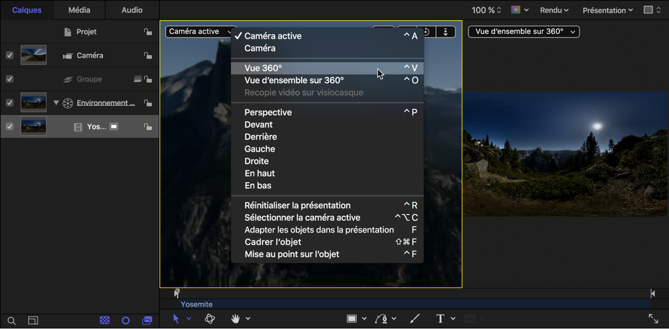 Sélectionner Vue 360° dans le menu local Caméra dans le canevas