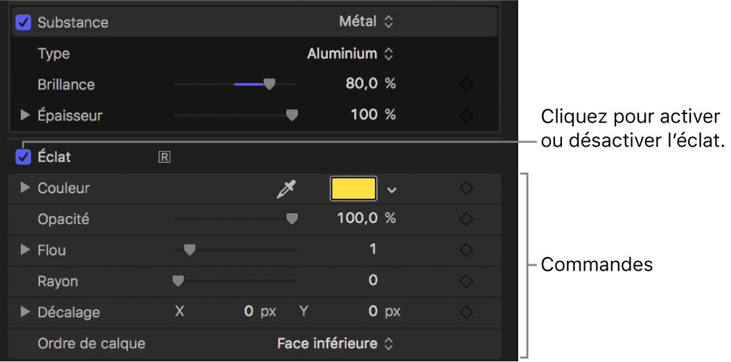 Commandes Éclat dans la fenêtre Apparence de l’inspecteur de texte